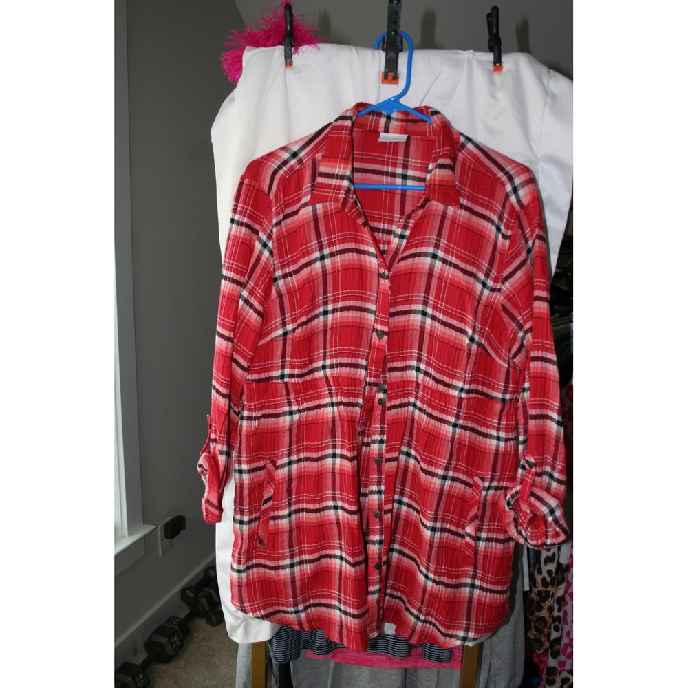 Columbia Womens Red Plaid Roll Tab Sleeve Cinched Waist Button Up Shirt Large
